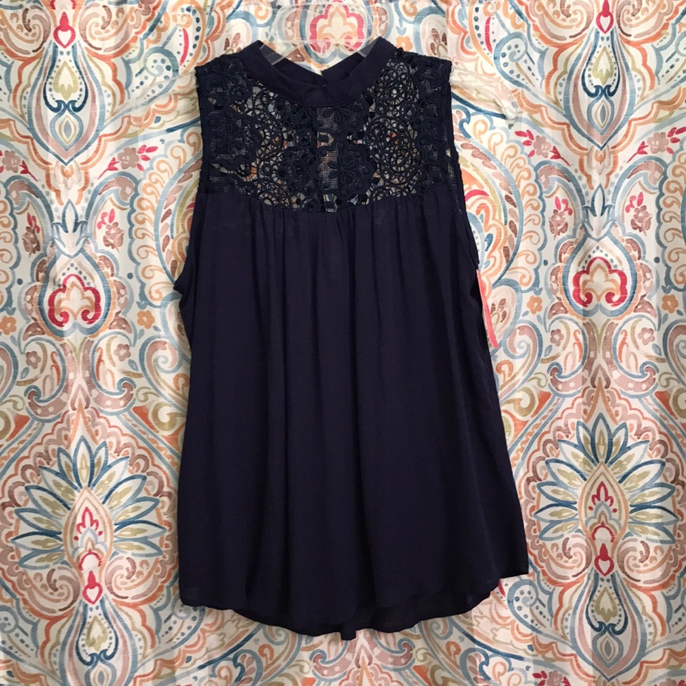 Navy Blue High Neck Crocheted Top